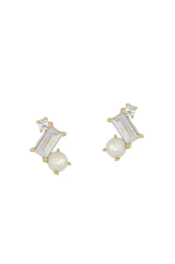 Funkelnde Ohrstecker mit kubistischem Kristall und Perle - Trinity<Juvelan Best