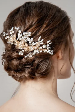 Glamouröser Haarkamm mit weißen Perlen und goldenen Blättern<Fräulein Maya Best