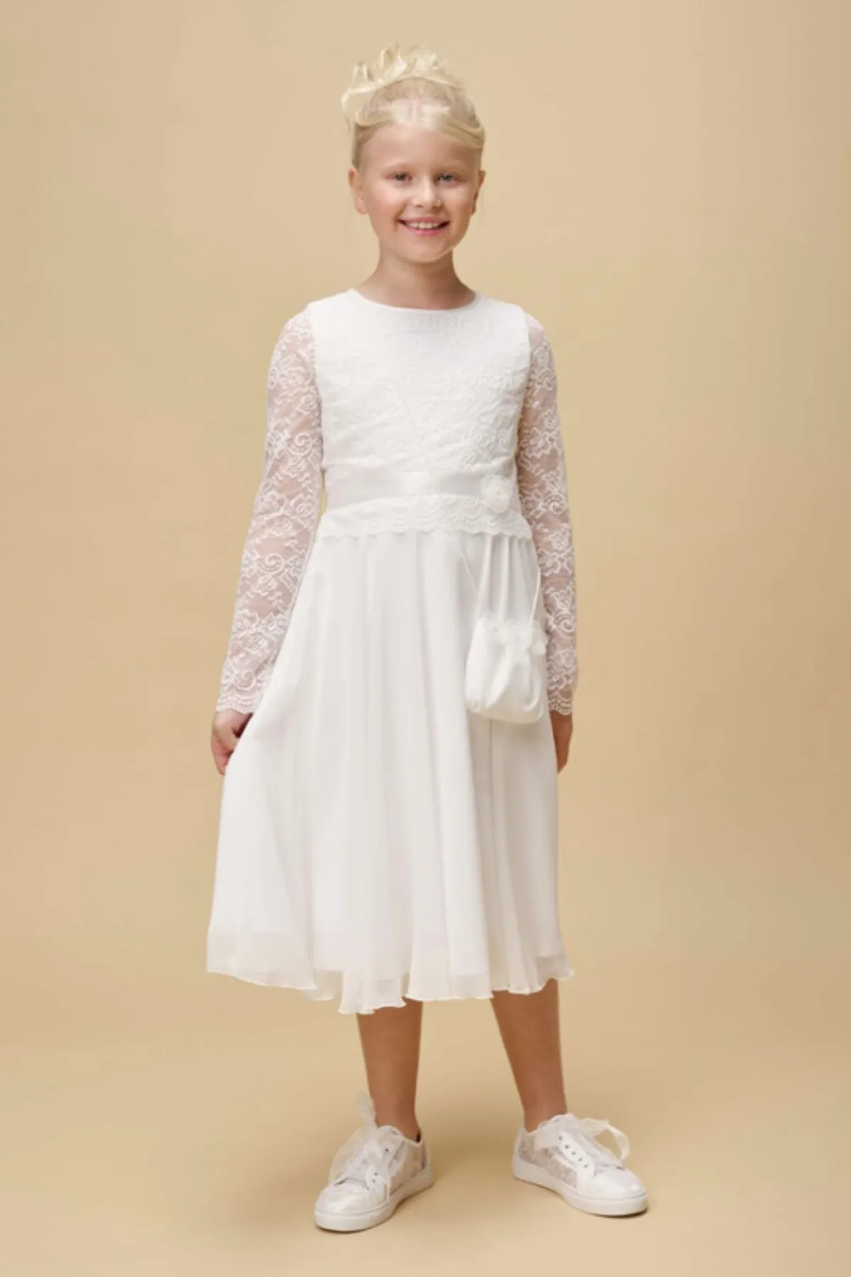 Kommunionkleid aus Chiffon mit Spitzenärmeln<Weise New