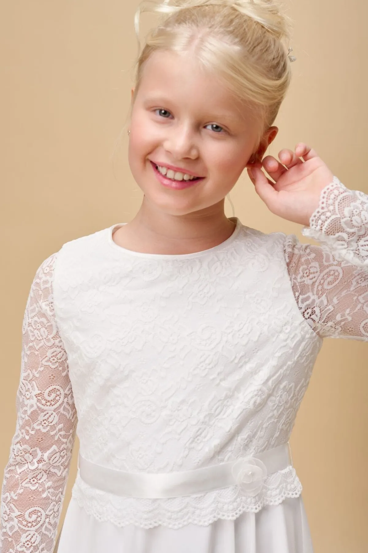 Kommunionkleid aus Chiffon mit Spitzenärmeln<Weise New