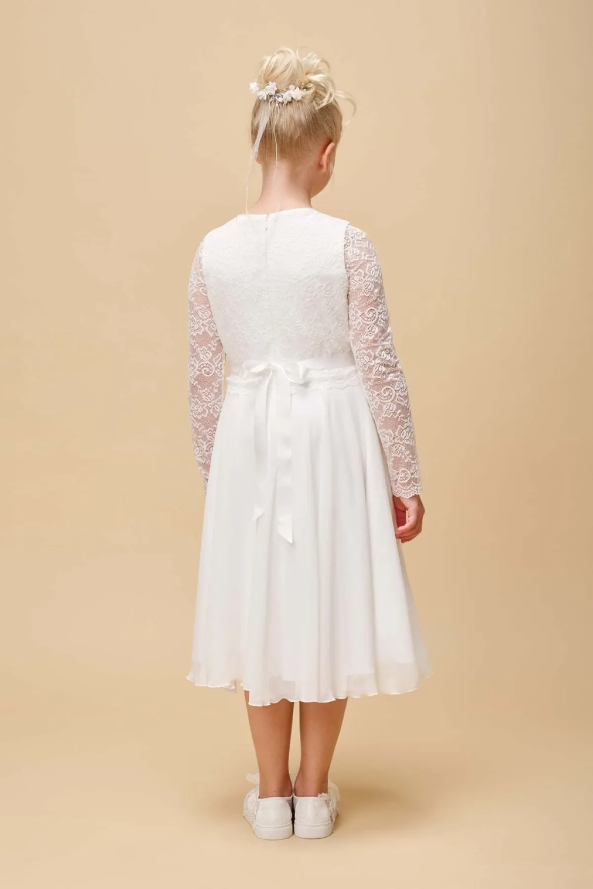 Kommunionkleid aus Chiffon mit Spitzenärmeln<Weise New
