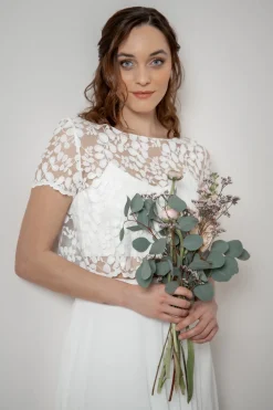 Kurzarm-Braut Top aus Blätterspitze – Aza<noni Discount