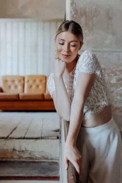 Kurzarm-Braut Top mit Blättermuster – Elva<noni Discount