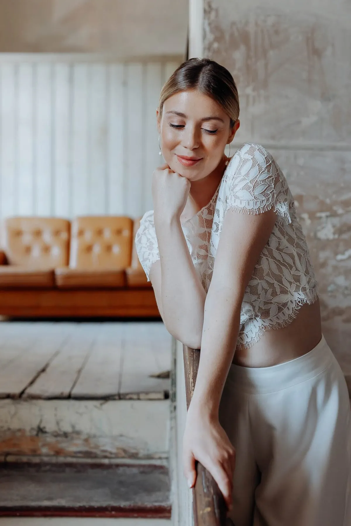 Kurzarm-Braut Top mit Blättermuster – Elva<noni Discount