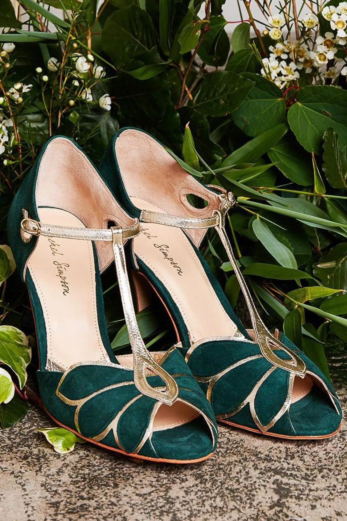 Offener Brautschuh in Tannengrün und Gold - Mimosa<Rachel Simpson Best