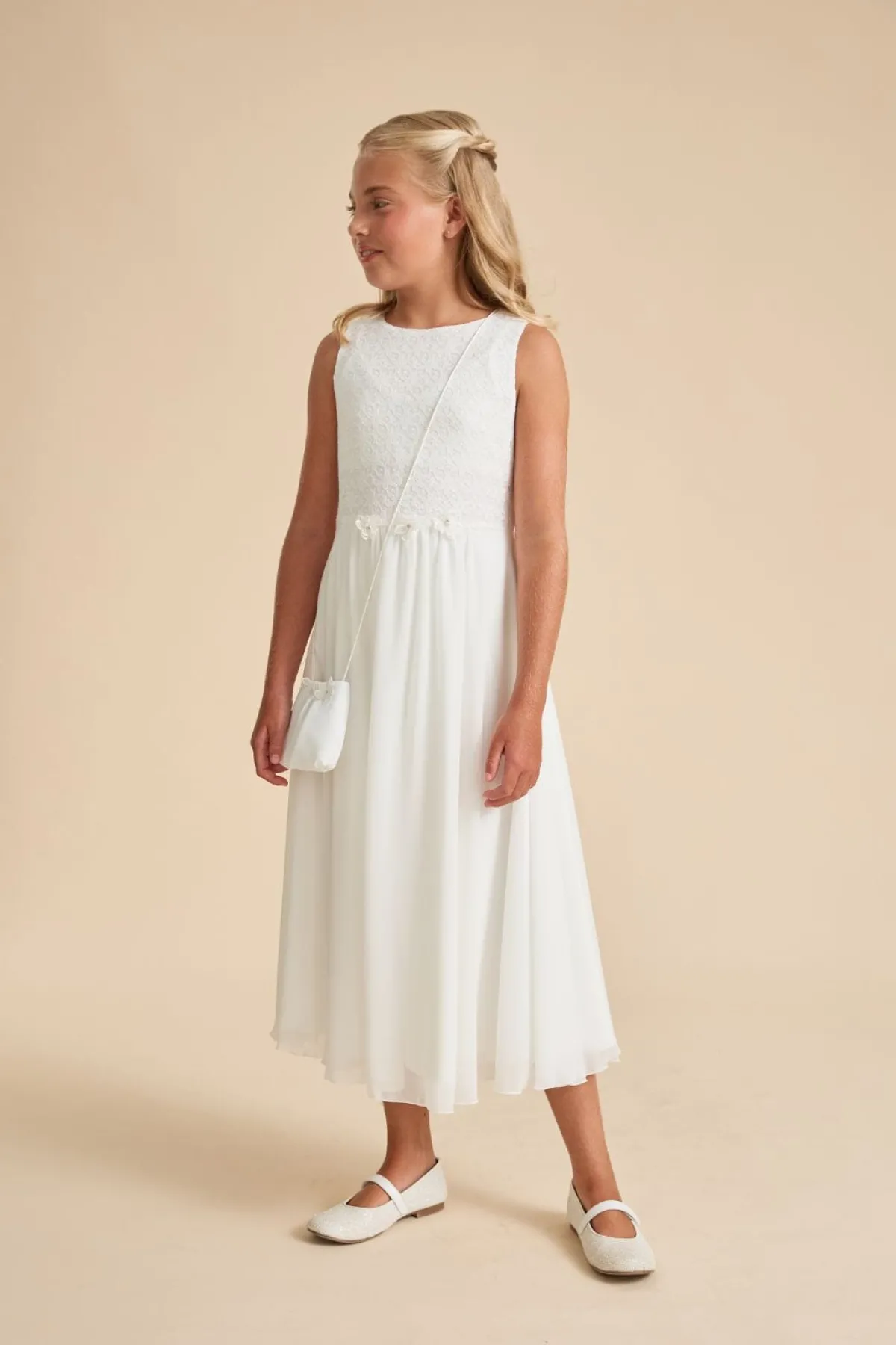 Schwingendes Kommunionkleid aus Chiffon und Spitze<Weise Sale